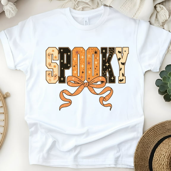 Spooky Bow Halloween Orange Letter Graphic T-Shirt, White, Size S