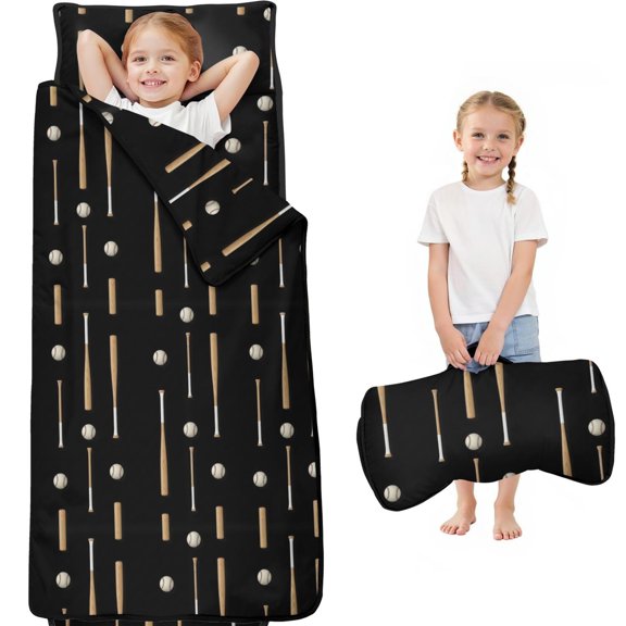 Baseballs Bats Black Pattern Teens Toddler Nap Mat with Pillow, Sleeping Mat Bag for Preschool Daycare 59"x22"