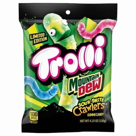 2 pack Trolli x Mountain Dew Sour Brite Crawlers Gummy Worm Candy 4.25 oz Bag