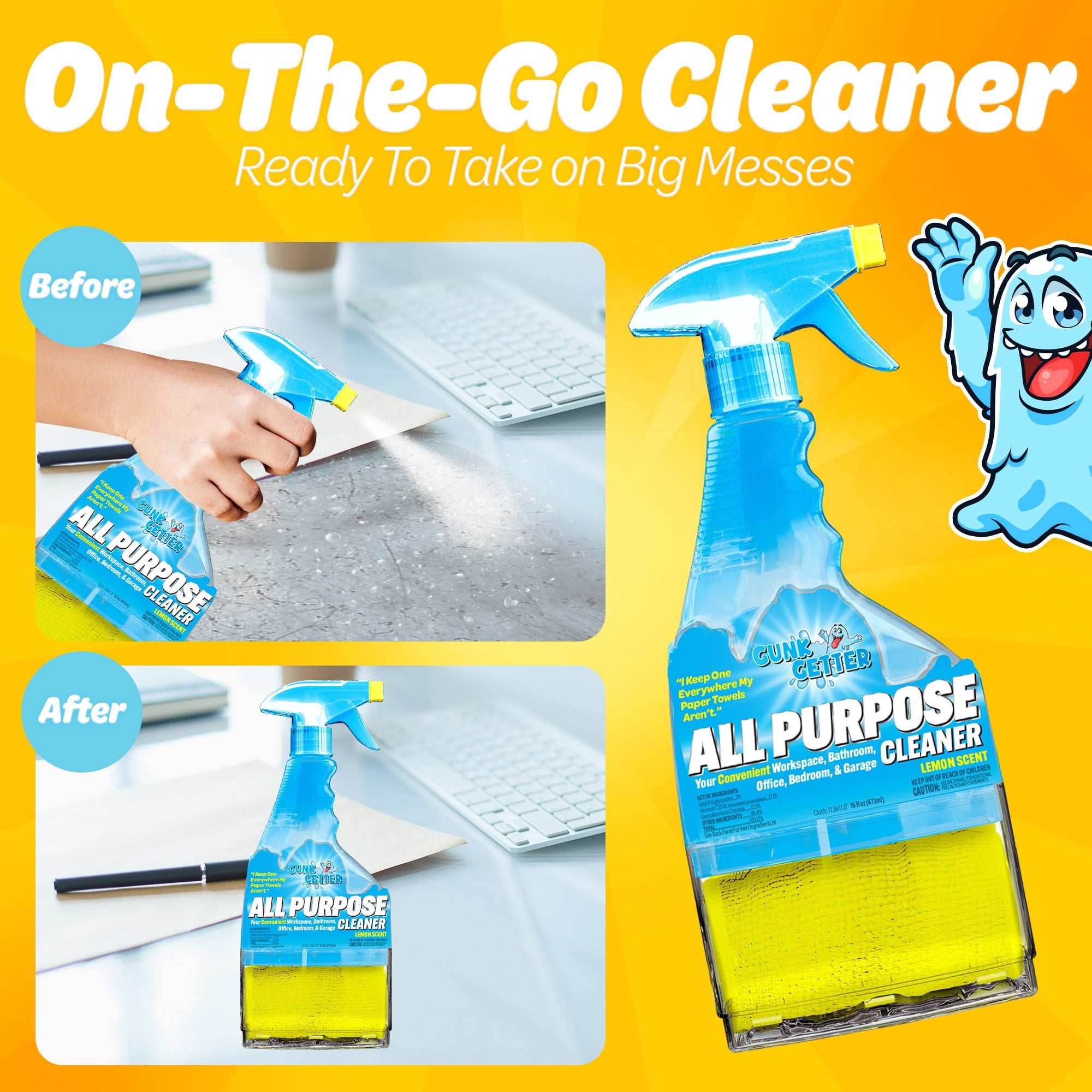 Gunk Getter - Spray Bottle with Microfiber Cap - All Purpose Cleaner 16 fl oz - Lemon Scent
