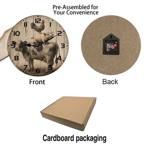 Kurmntregon Farm Animal Cow Pig And Chicken Wall Clock Wooden Silent Non Ticking Decorative Clock For Living Room, Kitchen, Home,Bathroom, Bedroom, Office Or School Round 10"