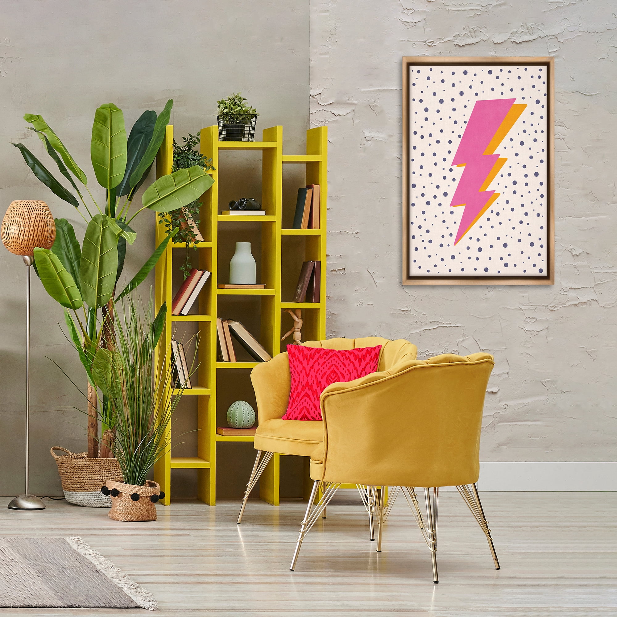 Stupell Industries Pink Dotted Lightning Bolt Abstract Painting Brown Floater Framed Canvas Art Print Wall Art, 21 x 31