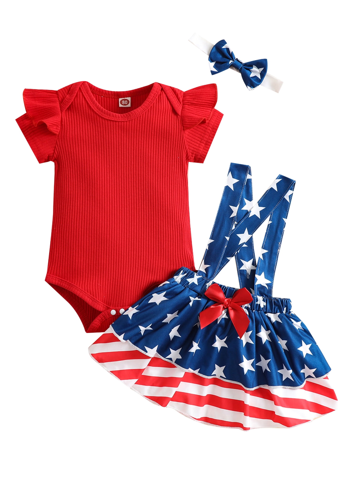 4th July Red Sparkle 1St White Jumpsuit Baby Girl America Stripes Skirt NB-12M 