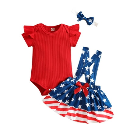 

Bagilaanoe Infant Girls Independence Day Outfits Fly Sleeve Romper Tops + Stars Stripe Print Suspender Skirts + Headband 3Pcs Set