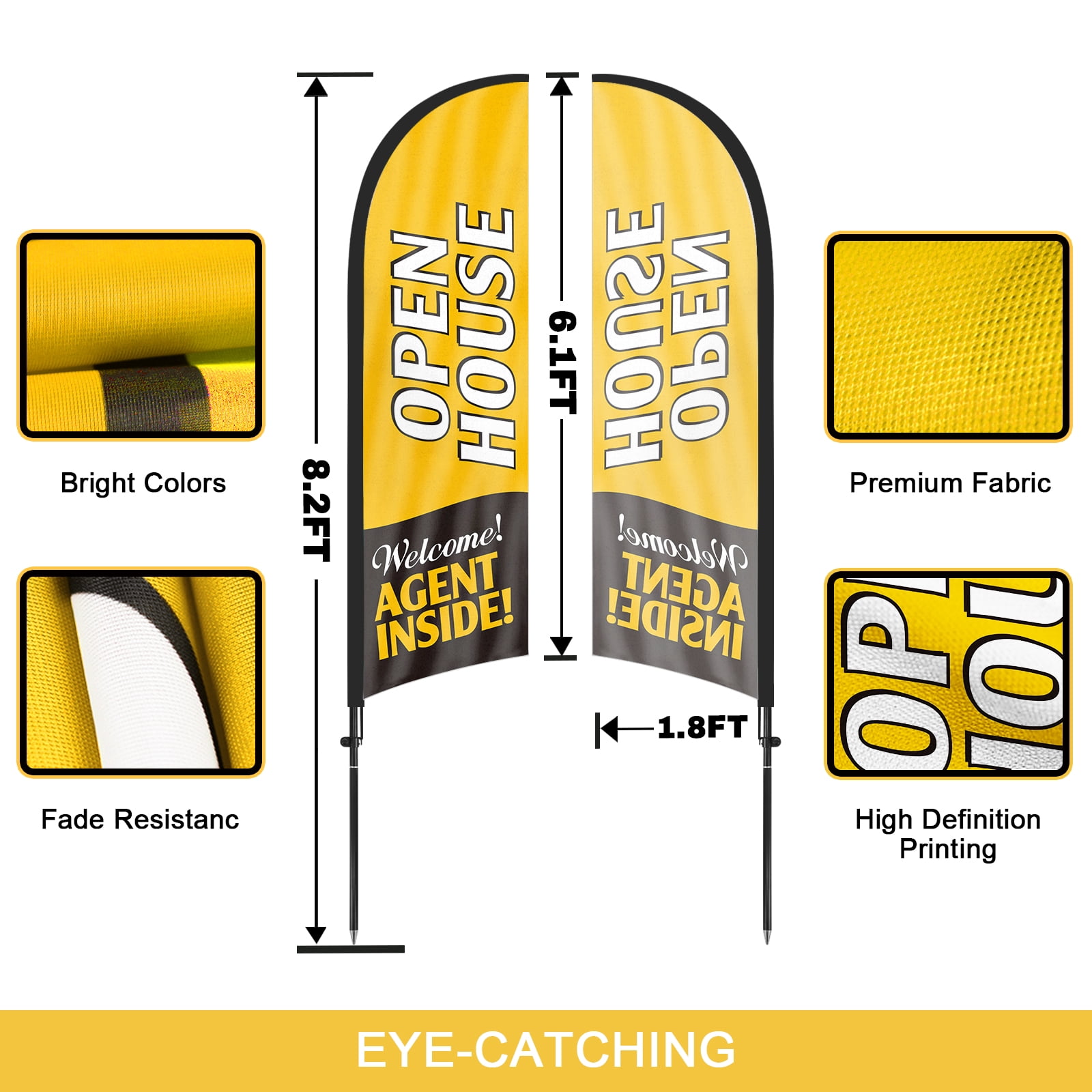 QSUM Open House Feather Flag with Flag Pole Kit and Ground Spike, 7FT Open House Windless Flag Banner Sign Business for Welcome Agent Inside Outdoor Advertising Sign Decoration Display（Orange）
