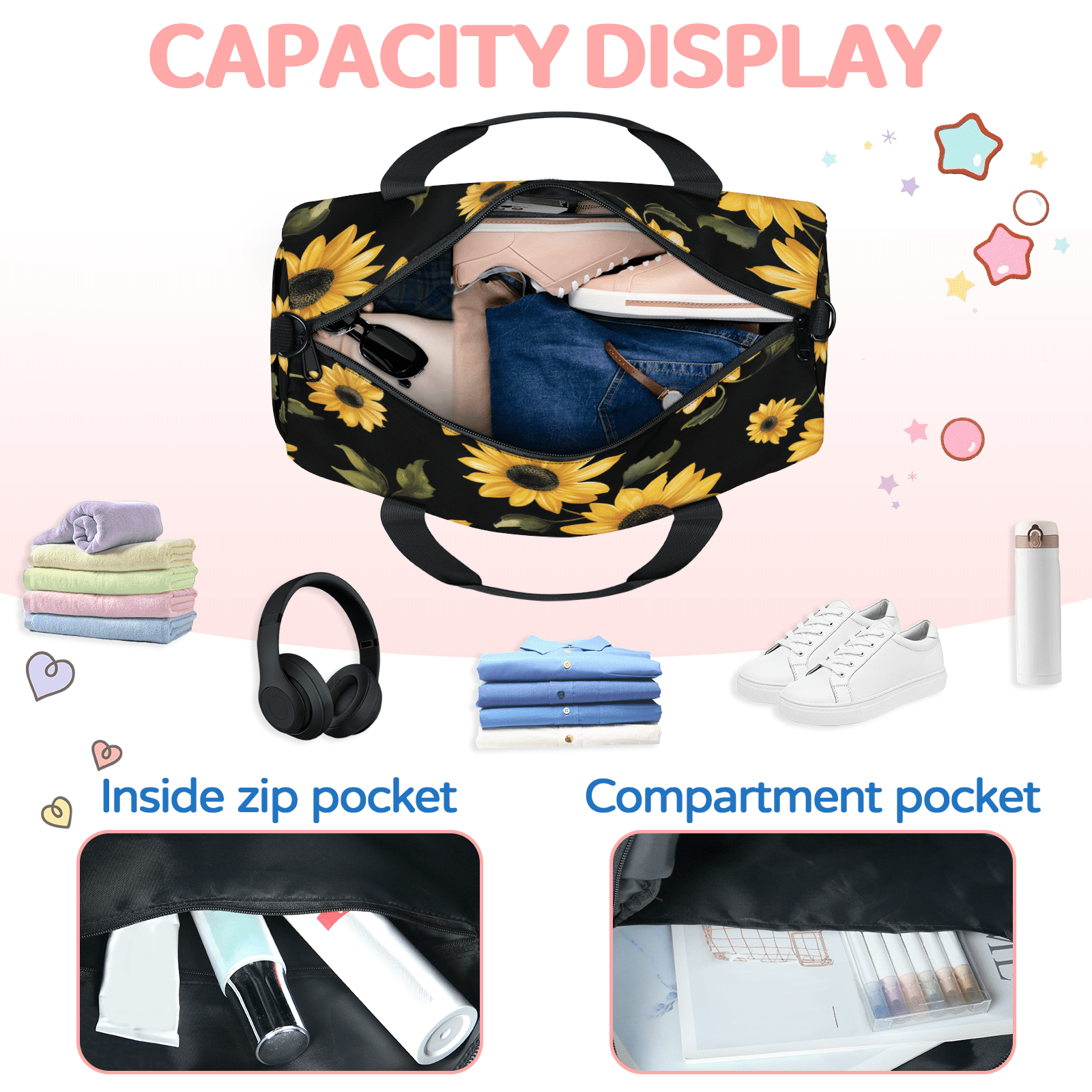 Herdesigns Retro Sunflowers Floral Gym Bag for Women, Duffle Bag for Travel Sport, Lightweight Waterproof Carry on Weekender Overnight Dance Yoga Workout Bags