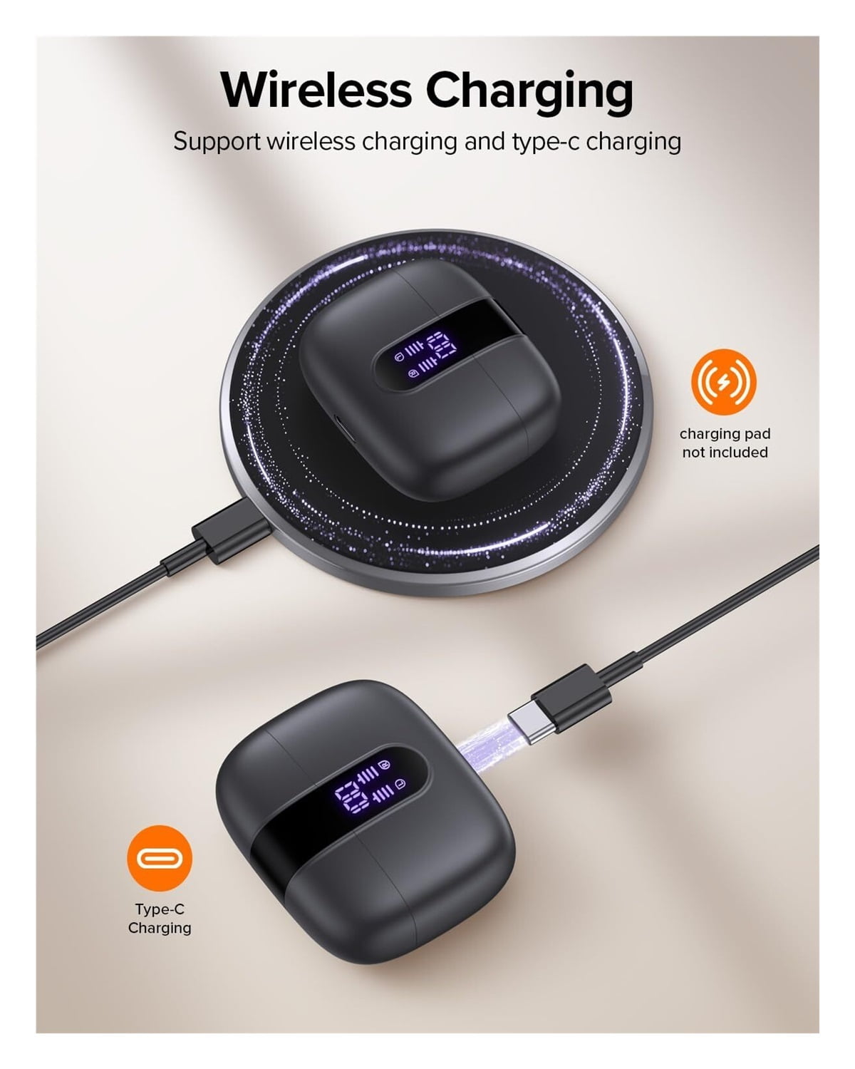 Bluetooth Headphones True Wireless Earbuds 60H Playback LED Power Display Earphones with Wireless Charging Case IPX5 Waterproof in-Ear Ear buds with Mic for TV Smart Phone Laptop Computer Sports
