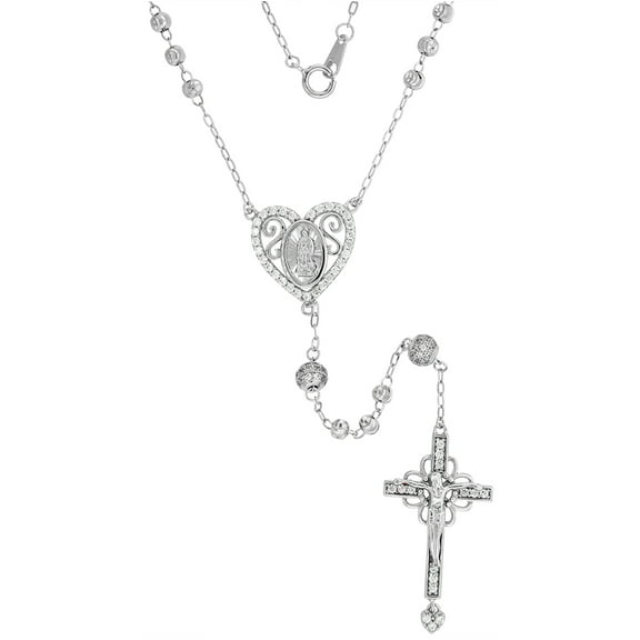 Sterling Silver Cubic Zirconia Rosary Necklace Heart Halo Miraculous Medal Center 3mm Moon Cut Beads Rhodium Finished 22 inch