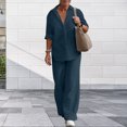 thumbnail image 3 of Camisa de solapa de mujer + Pantalones Camisa de lino de algodón casual + Pantalones de pierna ancha Trajes Y2k sueltos FLhrweasw Nuevo, 3 of 9