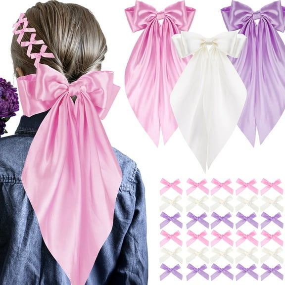 33PCS Satin Hair Bow Clip Set for Girls, 3 Large Ribbon Clips with Tails 30 Mini Bows, Smooth Satin Alligator Barrettes for Ponytails, Braids, Thick or Curly Hair, Daily Wear and Party Styles