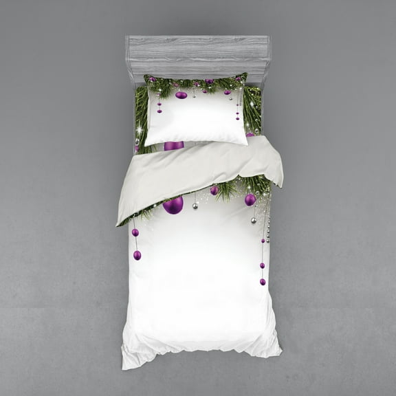 Christmas Duvet Cover Set, Tree with Tinsel and Ball with Present Wrap Ribbon Celebration Picture, Bedding Set with Shams and Fitted Sheet, 3 Sizes, by Ambesonne