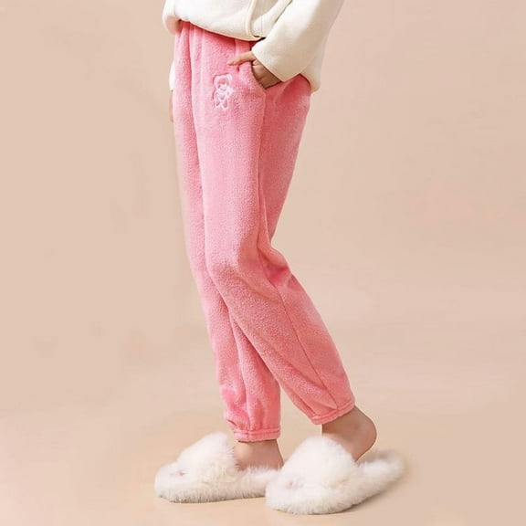 fnnxnal Toddler Pink Warm Polyester Pants - Teddy Bear Embroidered, Elastic Waist, Cuffed Ankles, Loose Fit for Home/Lounge/Sleepwear, Size 3-4T, Wrinkle & Shrink Resistant