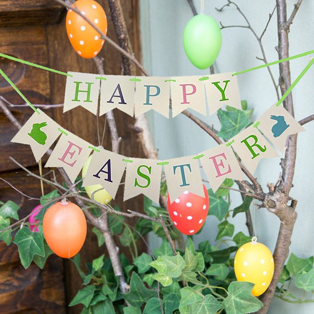 GOOHOCHY Guirnalda De Banderines Con Conejos Y Texto Feliz Pascua Multicolor