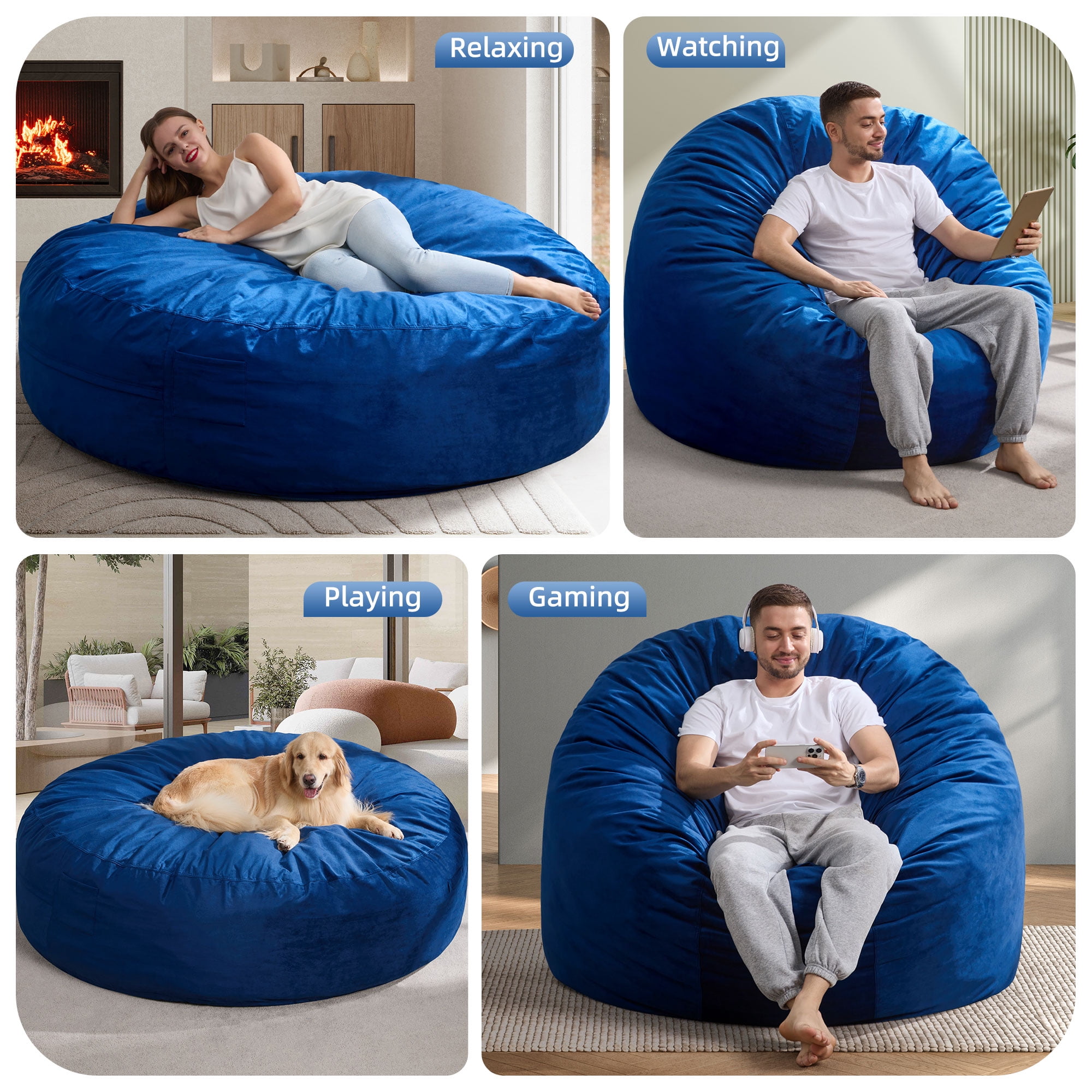 Hobestluk 6FT Bean Bag Chair Bean Bag Chairs for Adults Giant Bean Chairs with Velvet Cover, Memory Foam BeanBag Chair Fluffy BeanBag Chairs for Living Room, Bedroom- Blue (70" x 70" x 15")