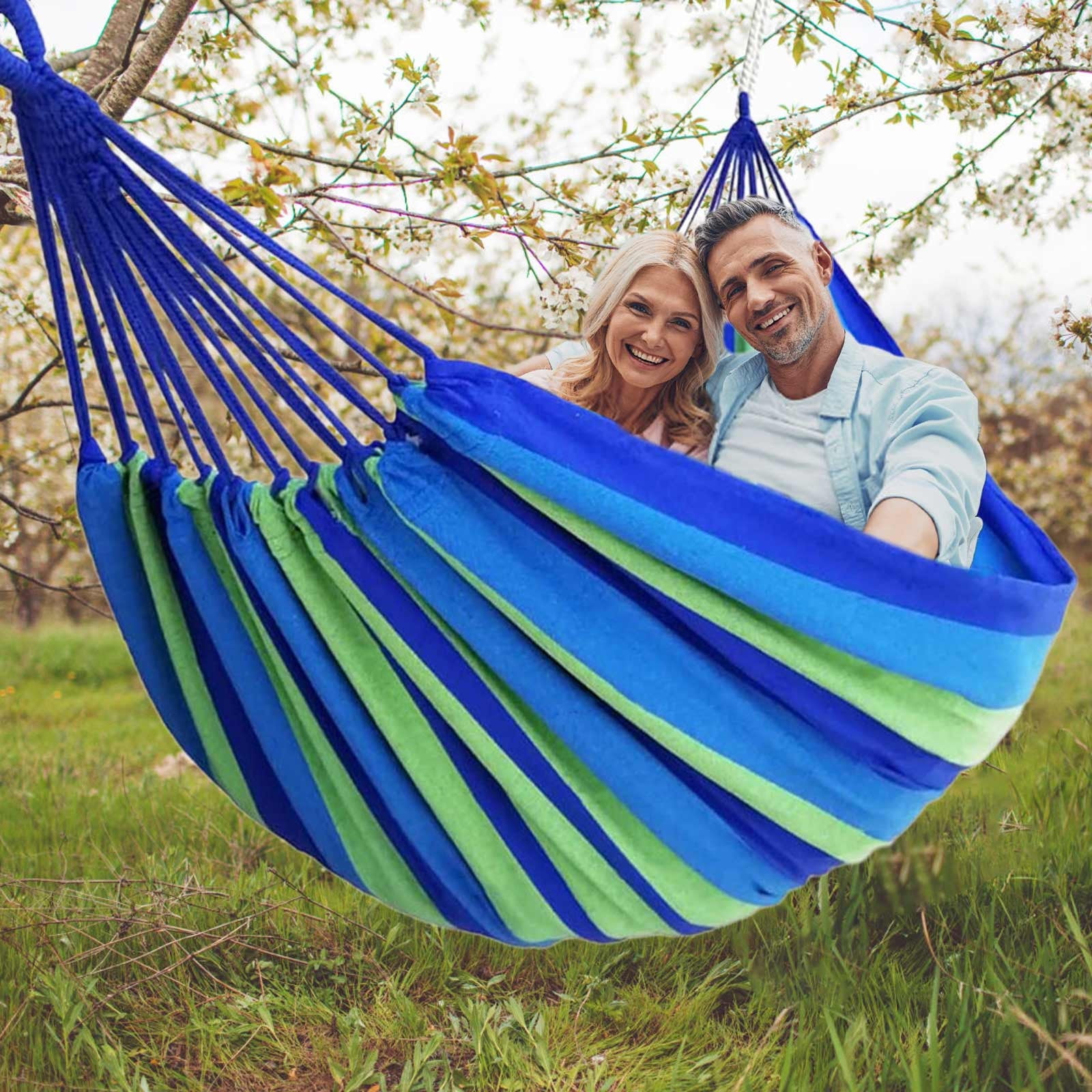 Kabnic Brazilian Double Hammock for 2 People, Extra Large 660lbs Capacity, Canvas Cotton Hammock for Camping, Patio, Porch, Garden, Backyard - Includes Travel Bag & Tree Straps