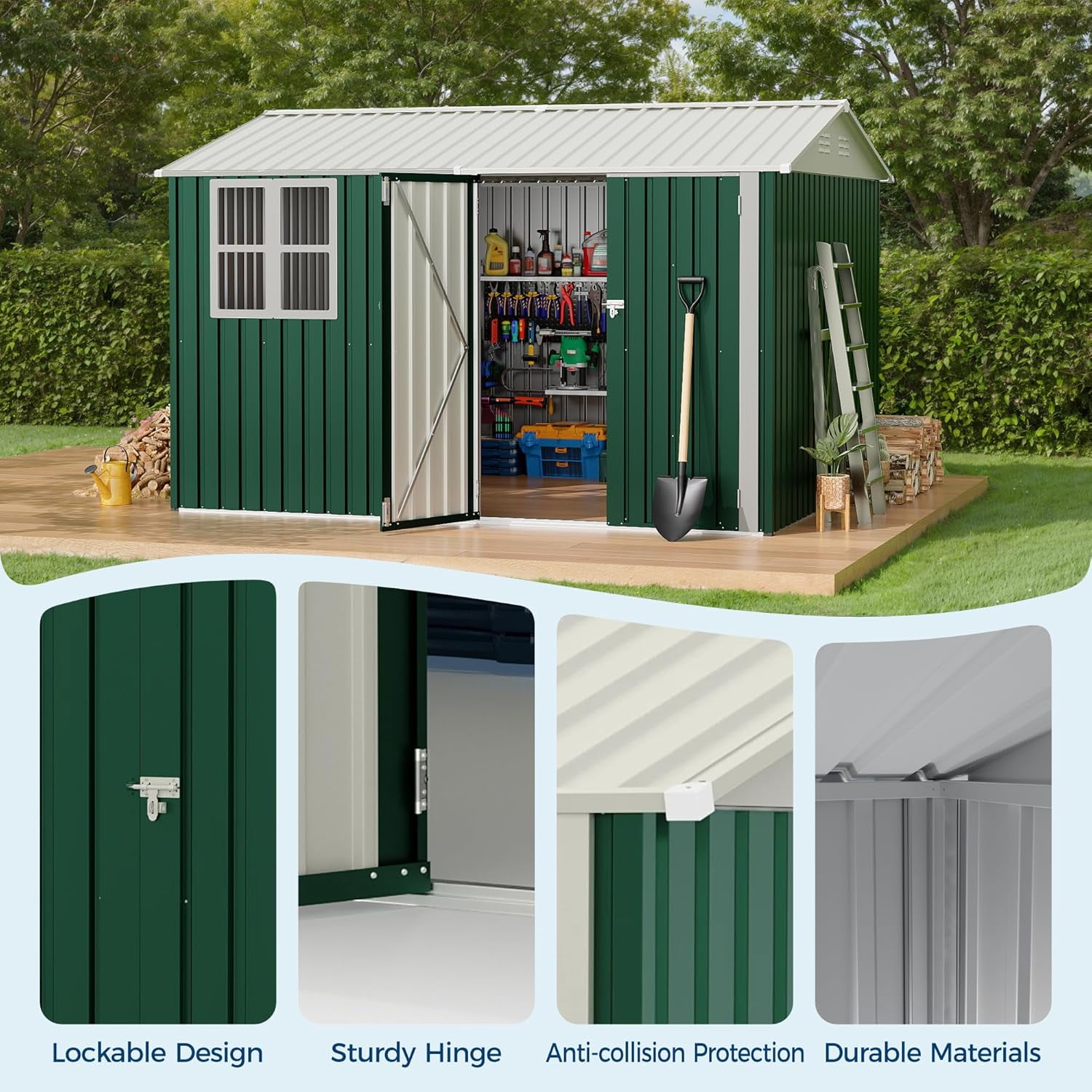 10X8 FT Storage Shed,Outdoor Storage Shed with Windows & Double Doors,Outdoor Tool Shed with 450 Cu Ft Space,Metal Sheds Outdoor Storage for Garden, Backyard, Patio and Backyard