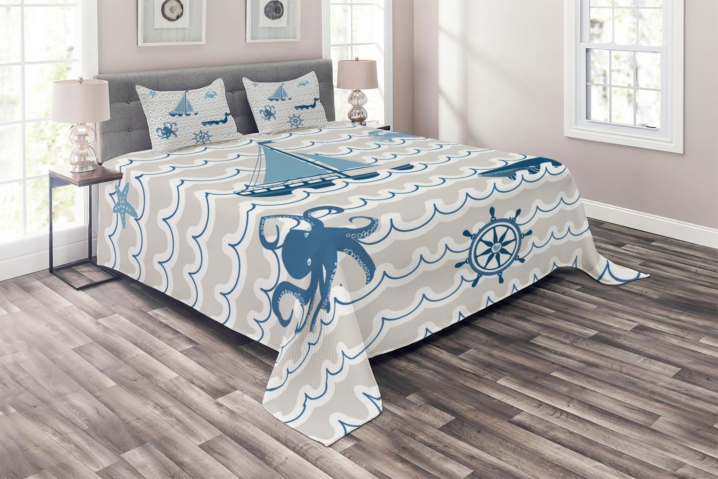 Nautical Coverlet Set King Size, Wave Pattern with Nautical Elements