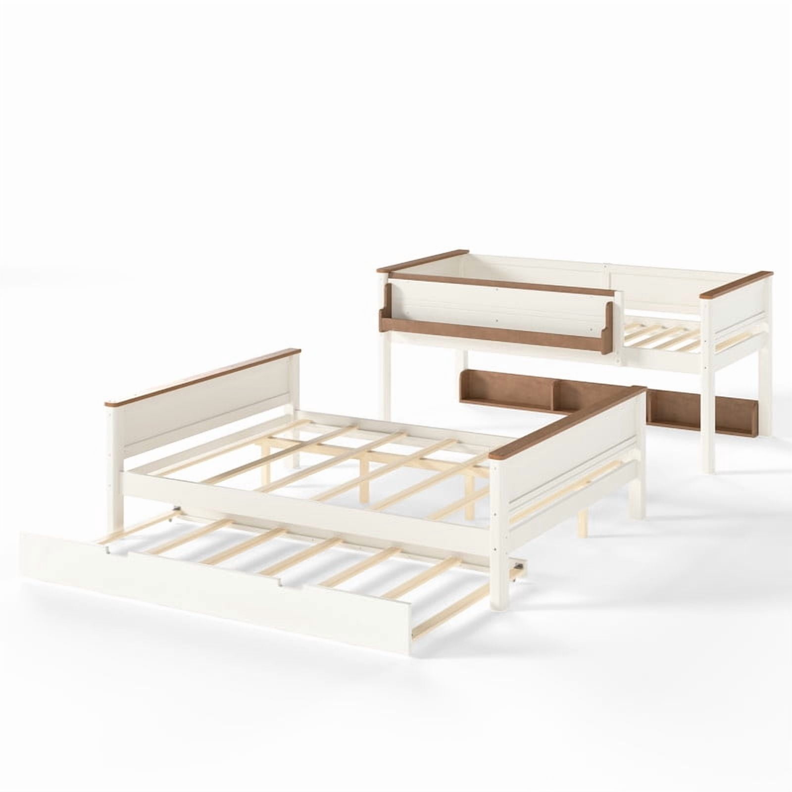 Twin-Over-Full Wooden Bunk Bed Frame with Trundle, Detachable Bed Convertible Into 2 Platform Beds, Kids Storage Bed with Shelf