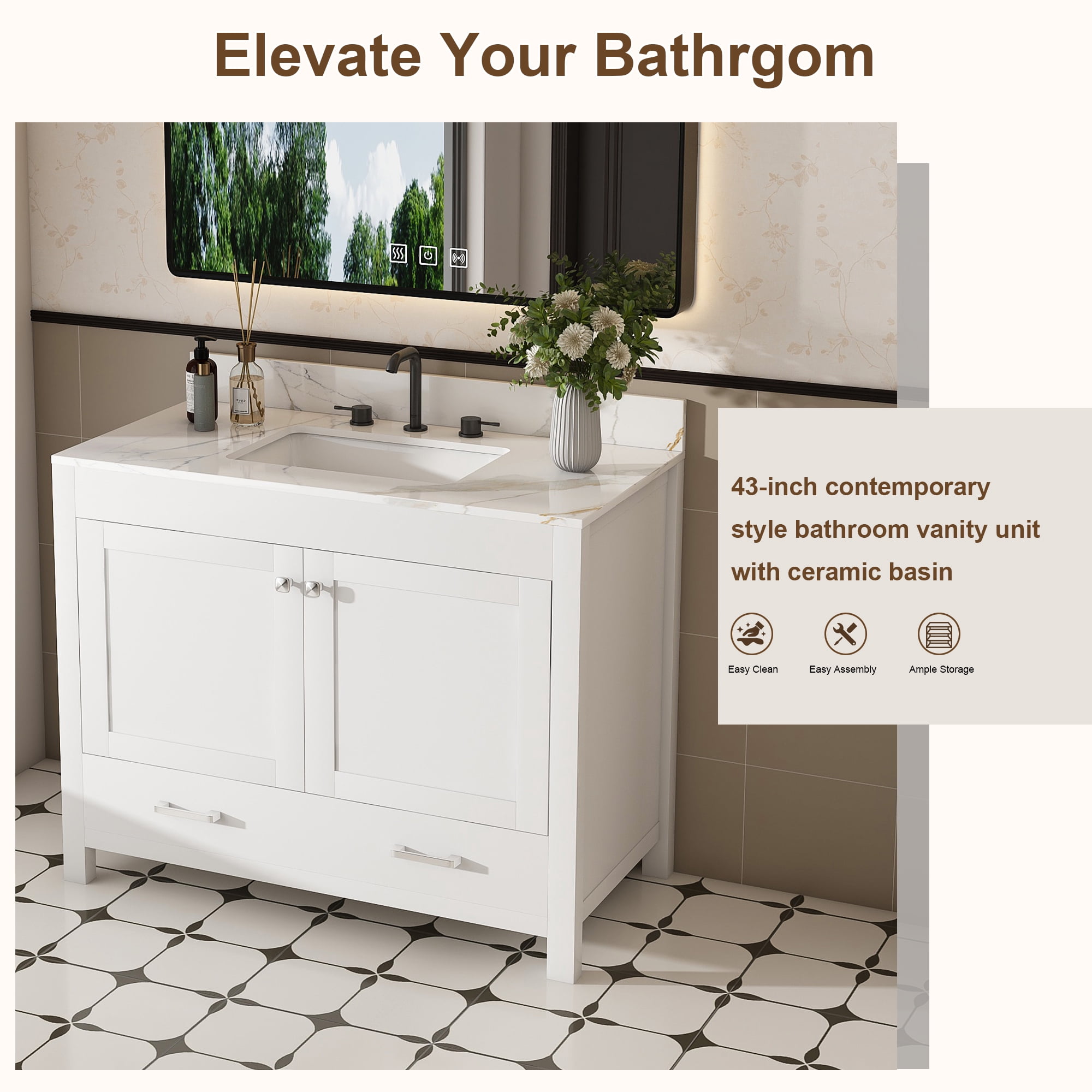 Mintazer 43 Inch Bathroom Vanity Cabinet with Sink, Bathroom Storage Vanity with Drawer & 3‑Hole Ceramic Sink Sintered Stone Countertop, Backsplash for Bathroom, White
