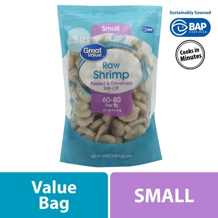 Great Value Frozen Raw Small Peeled Deveined Tail-off Shrimp, 24 oz (60-80 Count per lb)