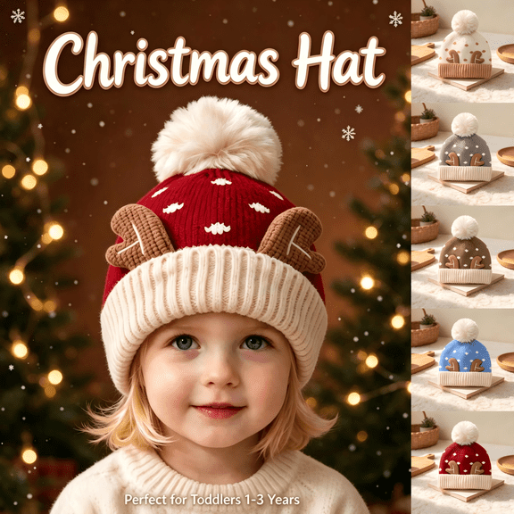 Toddler Christmas Hat with Pom Pom Size 1-3 T, Knitted Cute Warm Winter Kids Festival Hat Red