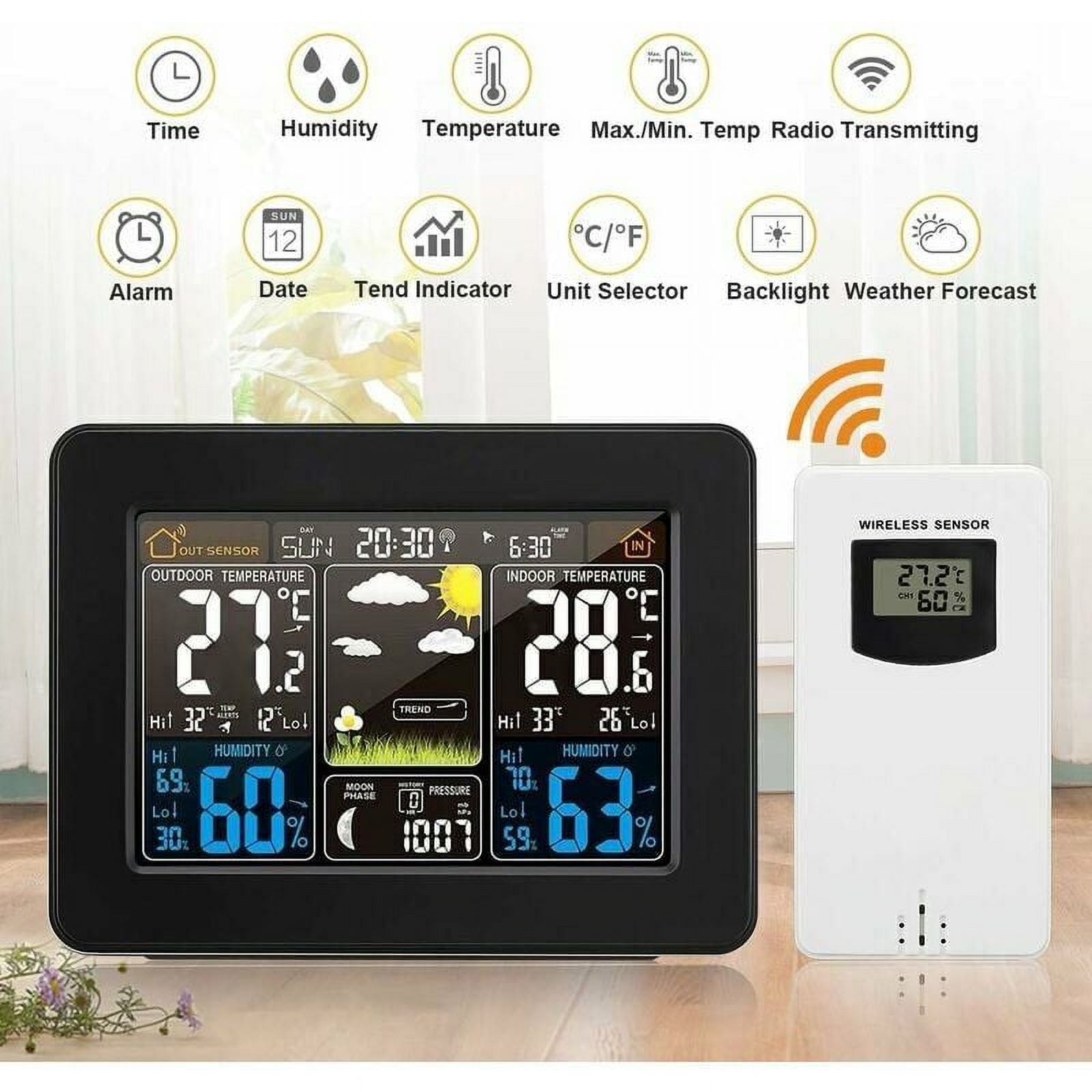 Wireless Weather Station With Alarm And Temperature/Humidity/Barometer/Alarm/Lunar/Weather Clock With Outdoor Sensor Digital Color Display Pt3365