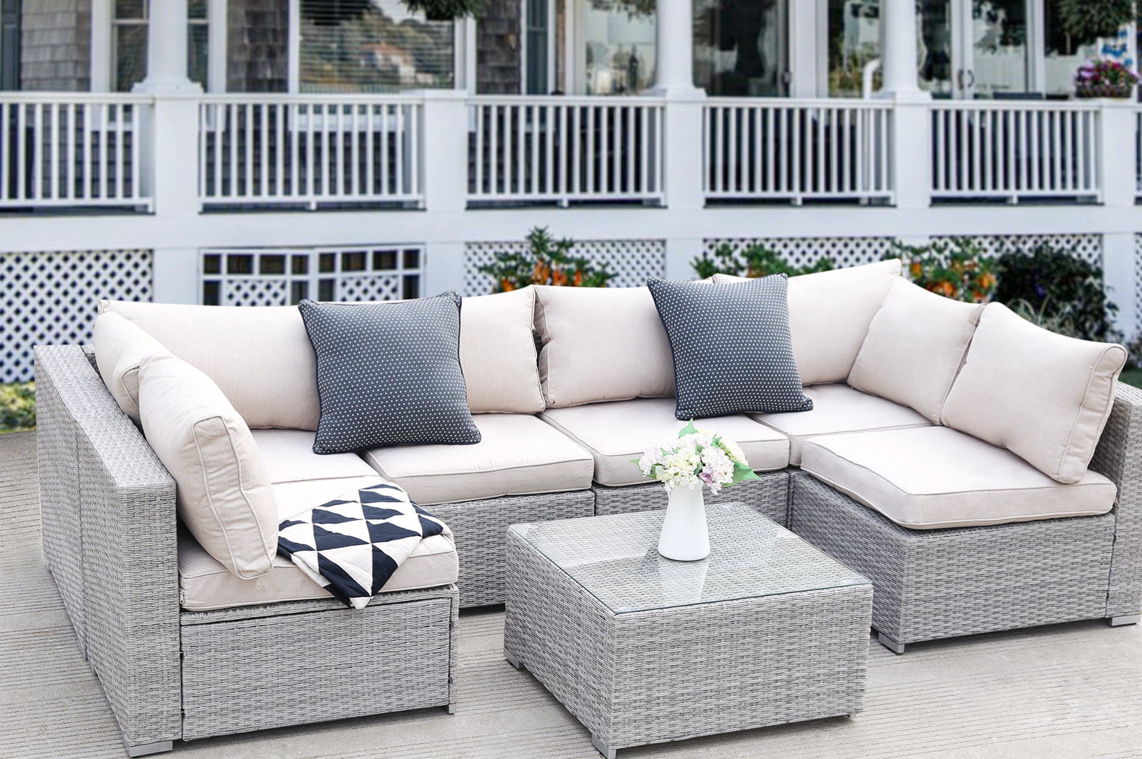 Clearance! Patio Outdoor Furniture Sets, 7 Pieces All-Weather Rattan Sectional Sofa with Tea