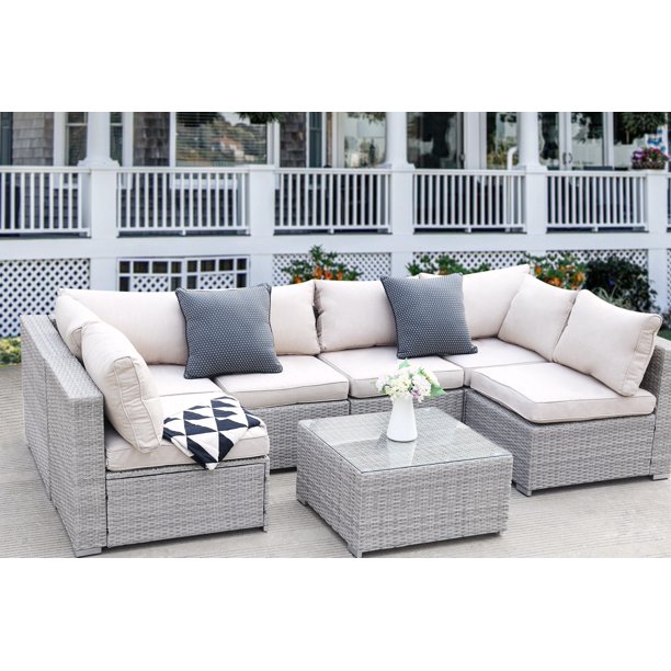Clearance! Patio Outdoor Furniture Sets, 7 Pieces AllWeather Rattan