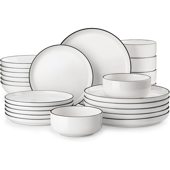 Plates and Bowls Sets, 24 count Modern Porcelain Dinnerware Set for 6 Ceramic Dishware Dishes White Kitchen Dinner Dining Ware Set wtih Black Rim Microwave and Dishwasher Safe, Series LUNA