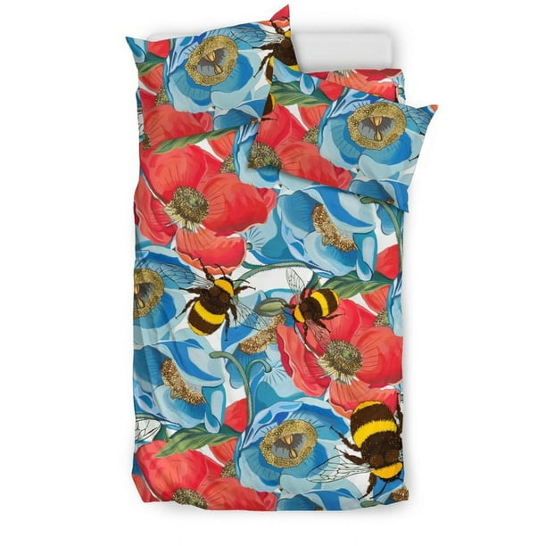Juego de cama con estampado de hibiscos rojos y azules Bee
