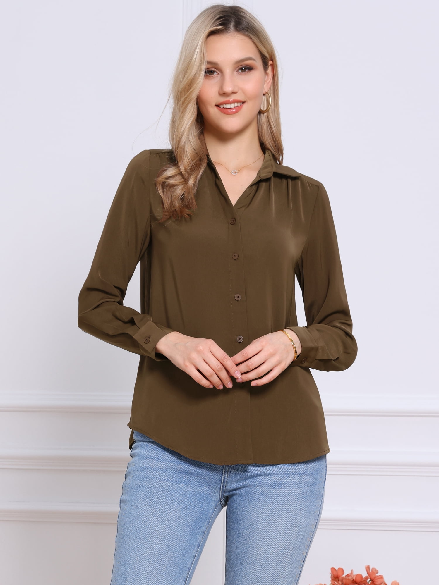DARING DIVA Women's Long Sleeve Business Casual Work Top S Brown