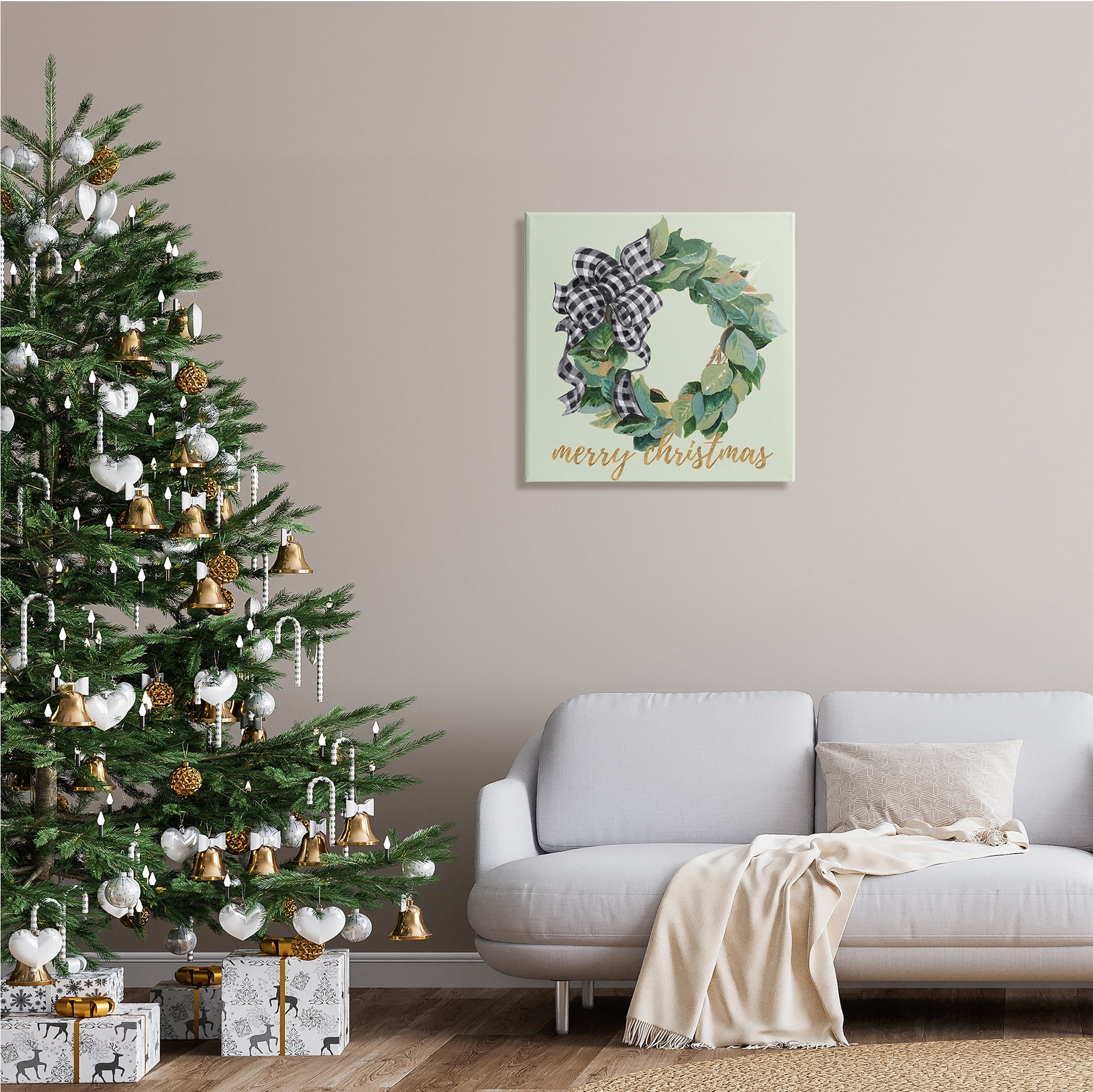 Stupell Industries Green Leaf Wreath Merry Christmas Phrase Plaid Bow, 24 x 24, Design by Patricia Pinto