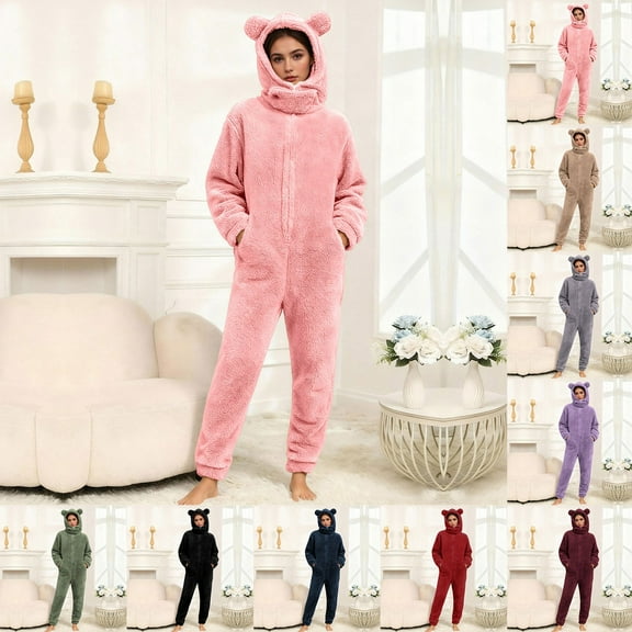 Wlynlyn Pajamas Jumpsuits for Women Fleece Onesie Winter Warm Rompers 1 Piece Hooded Ear Sherpa Outfits Cute Sleepwear
