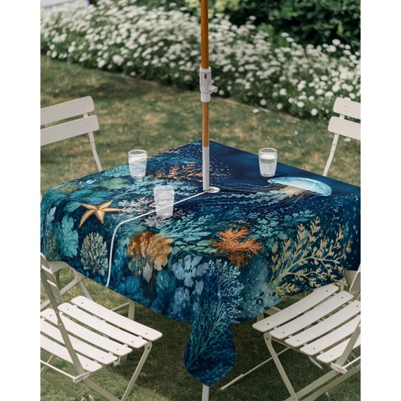 Outdoor Tablecloth with Umbrella Hole, Ocean Jellyfish Marine Seaweed Starfish Zippered Table Cloth for Rectangle Tables, Navy Blue Washable Waterproof Tablecloths for Picnic Patio Garden