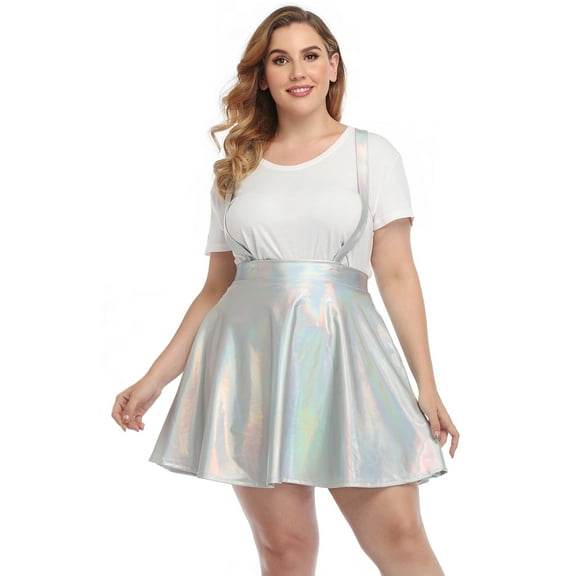 HDE Plus Size Shiny Metallic Suspender Skirt High Waisted Holographic Rave Skirt (Holographic Silver, 4X)