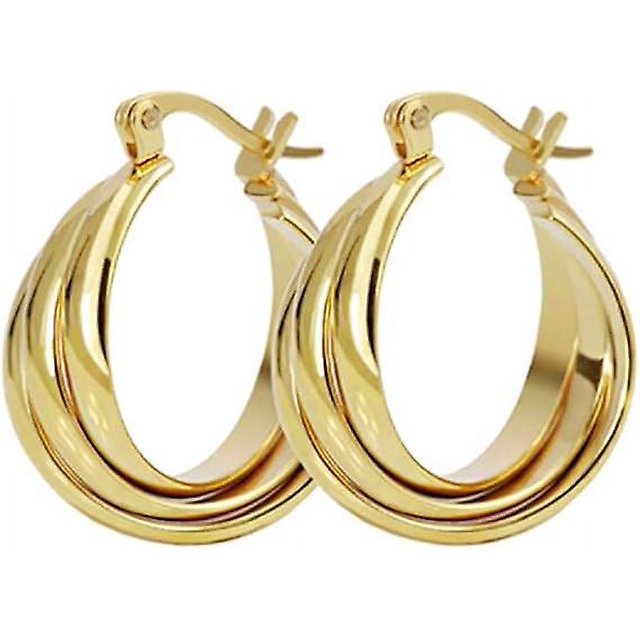 Pendientes de aro anchos y gruesos de acero inoxidable de tres aros planos de oro amarillo de 14 quilates para mujeres y niñas, orejas sensibles, delicadas, hipoalergénicas