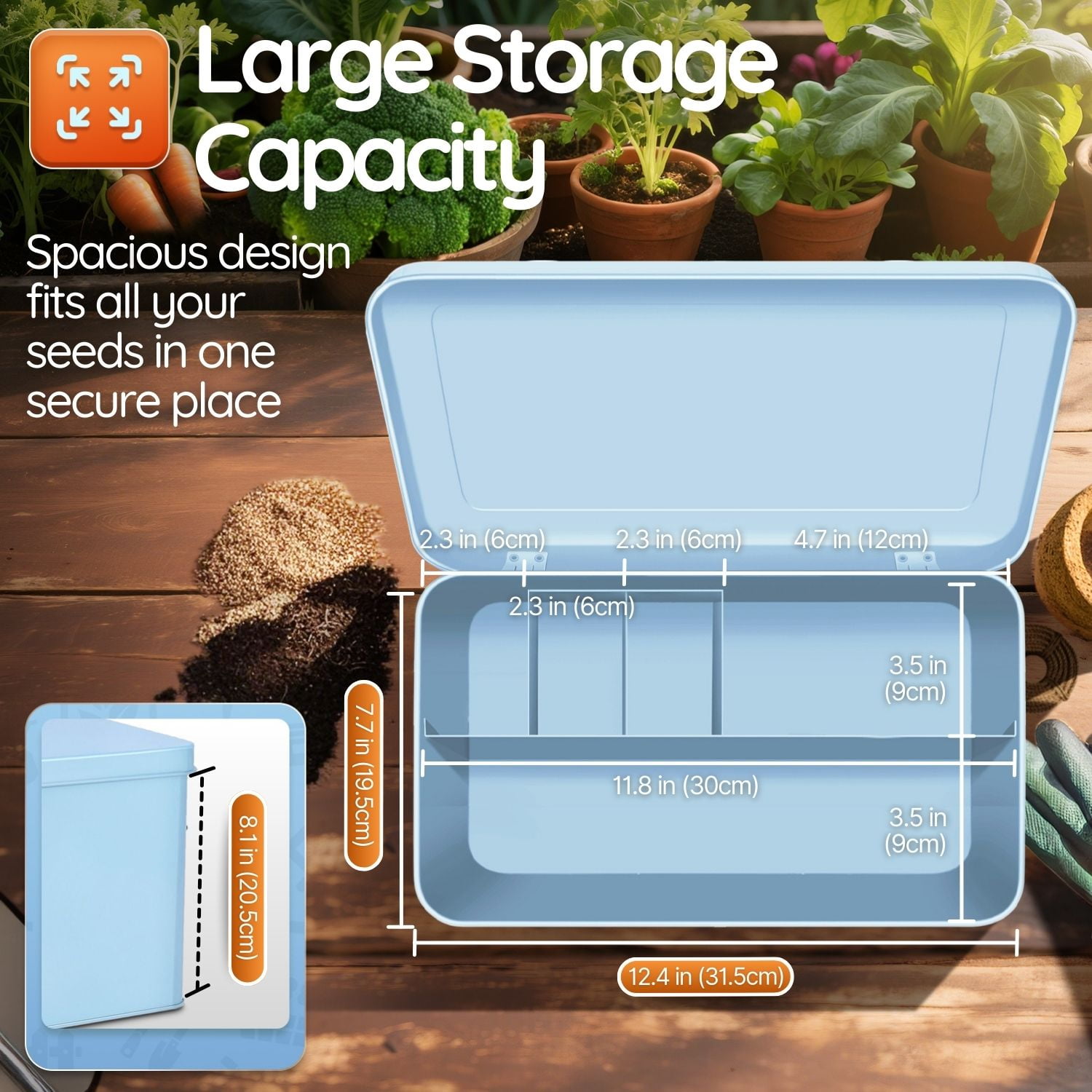 Flexzion Tin Storage Box with Removable Tray, Seed Organizer Box and Metal Seed Holder Organizer with Hinged Lid, Versatile Toolbox Container for Crafts, Hardware, Tools and Essentials, Blue