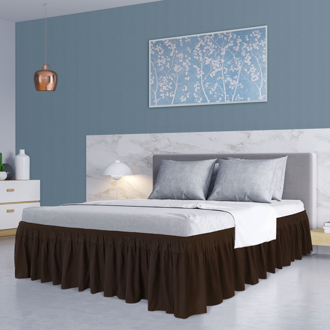 PiccoCasa 1Pcs Polyester Brushed Bed Skirt Elastic Dust Ruffles 16 Inch Drop Queen Dark Brown
