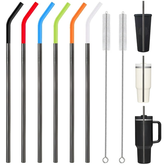 Rizulfey Reusable Stainless Steel Straws with Silicone Tips and Cleaning Brush (11.8"" x 0.31"", Black, 6 Pack)