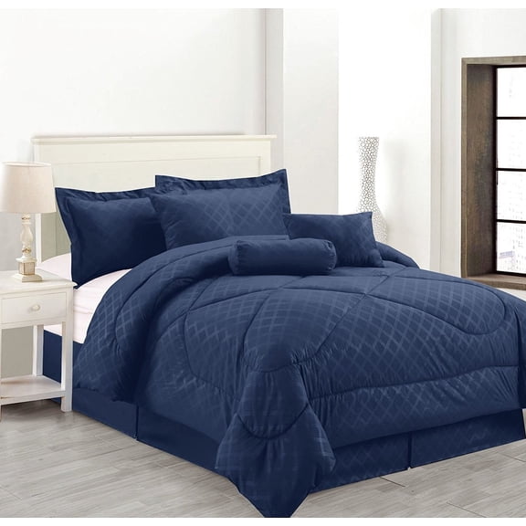 Luxury Hotel 8-Piece Navy Blue Embossed Comforter Set, Full