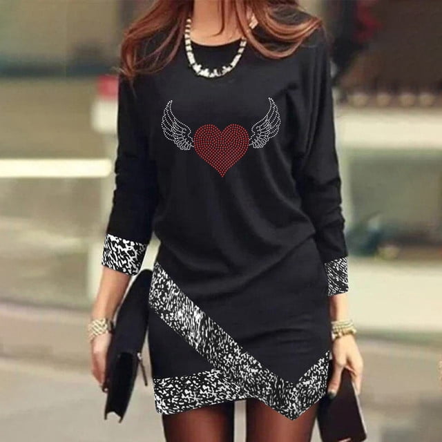 Printemps 2024 Femmes Mode Mini Robe Étoile Imprimé O-Cou Manches Longues Asymétrique Élégant Simple Robe Femmes Parti Nouveau Streetwear