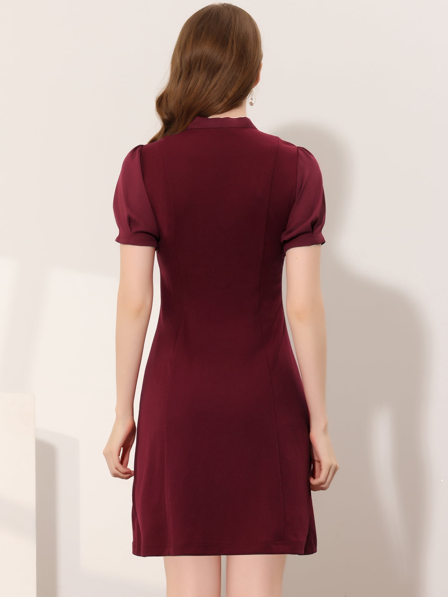 DARING DIVA Women's Tie Neck Puff Short Sleeve Office Work Dress L Burgundy