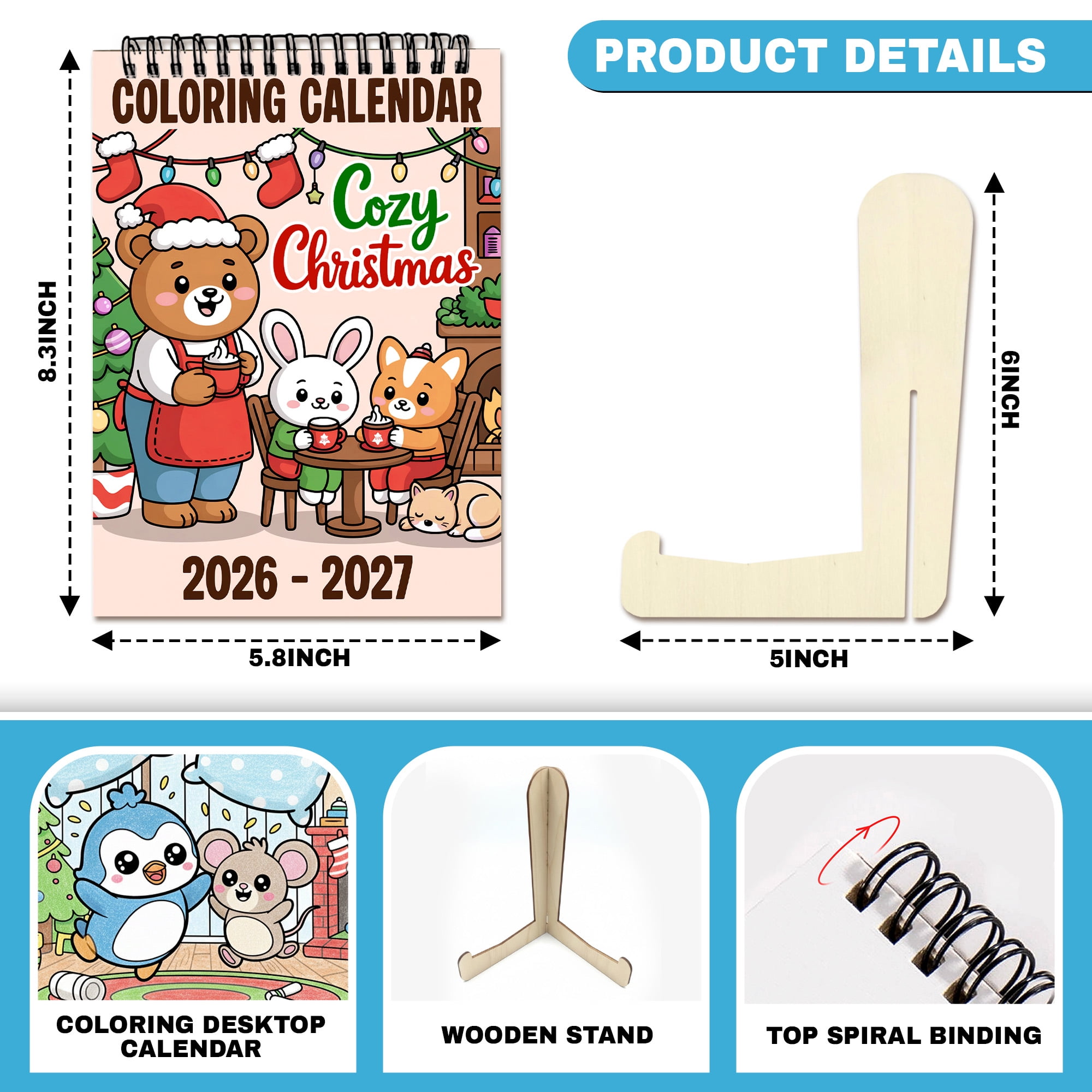 Cozy Christmas Coloring Desk Calendar 2026–2027, A5 Wooden Cover Planner with 26 Easy Coloring Pages for Adult Relaxation, 24 Month Desktop Calendar with Stand, Gift for Family & Friends