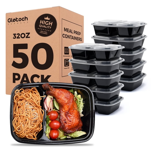 Recipientes para preparación de comidas Glotoch, paquete de 50 unidades, 950 ml, 2 compartimentos