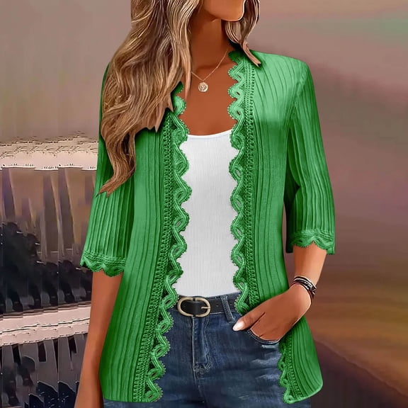 Ynynloco Women Lightweight Summer Cardigan 3/4 Sleeve Open Front Scalloped Trim Knit Sweater Dressy Casual Soft Cropped Bolero Shrug
