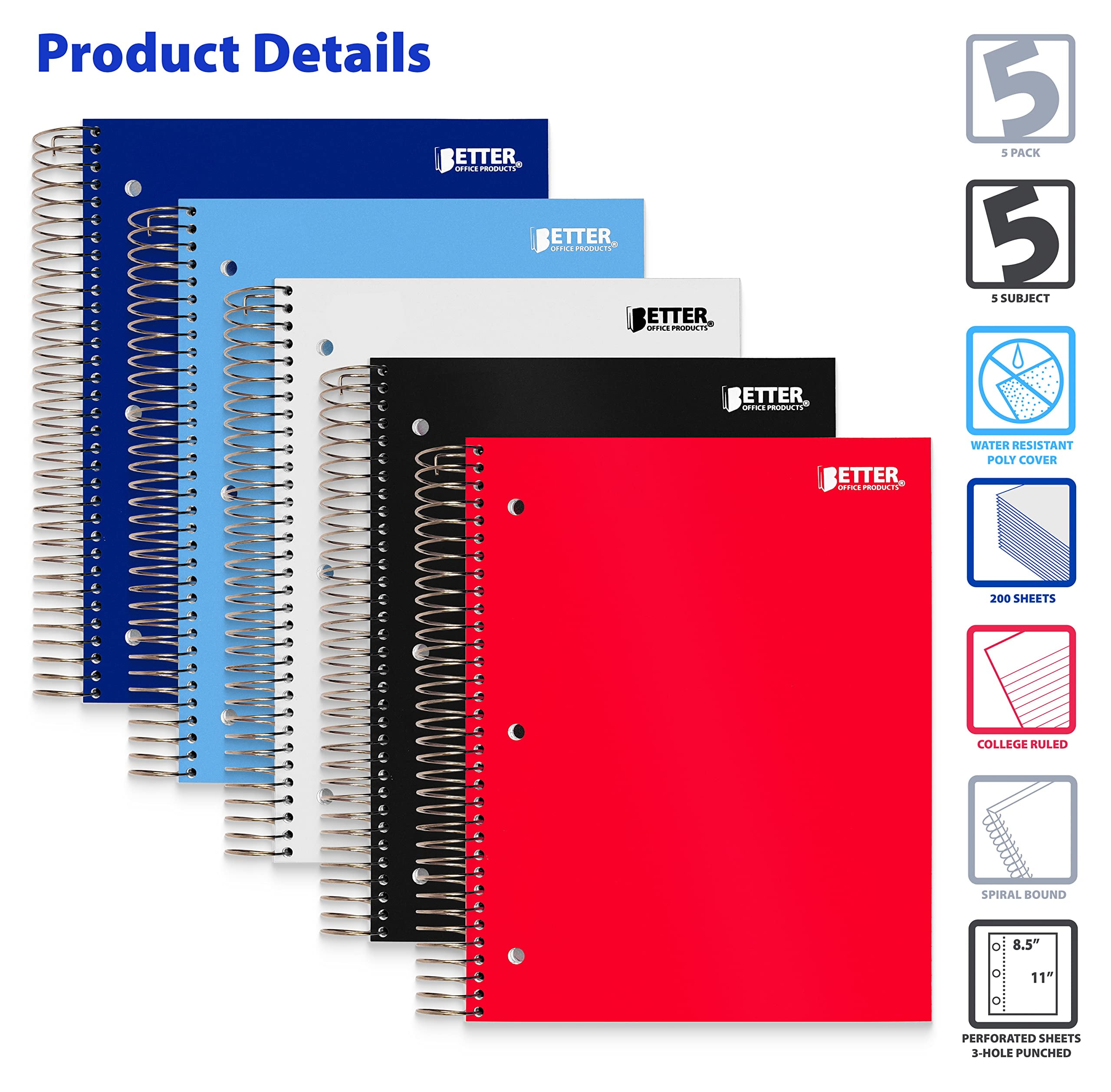 Better Office Products - 5 subject notebook - spiral-bound - - 200 sheets / 400 pages - College - assorted - poly (pack of 5)