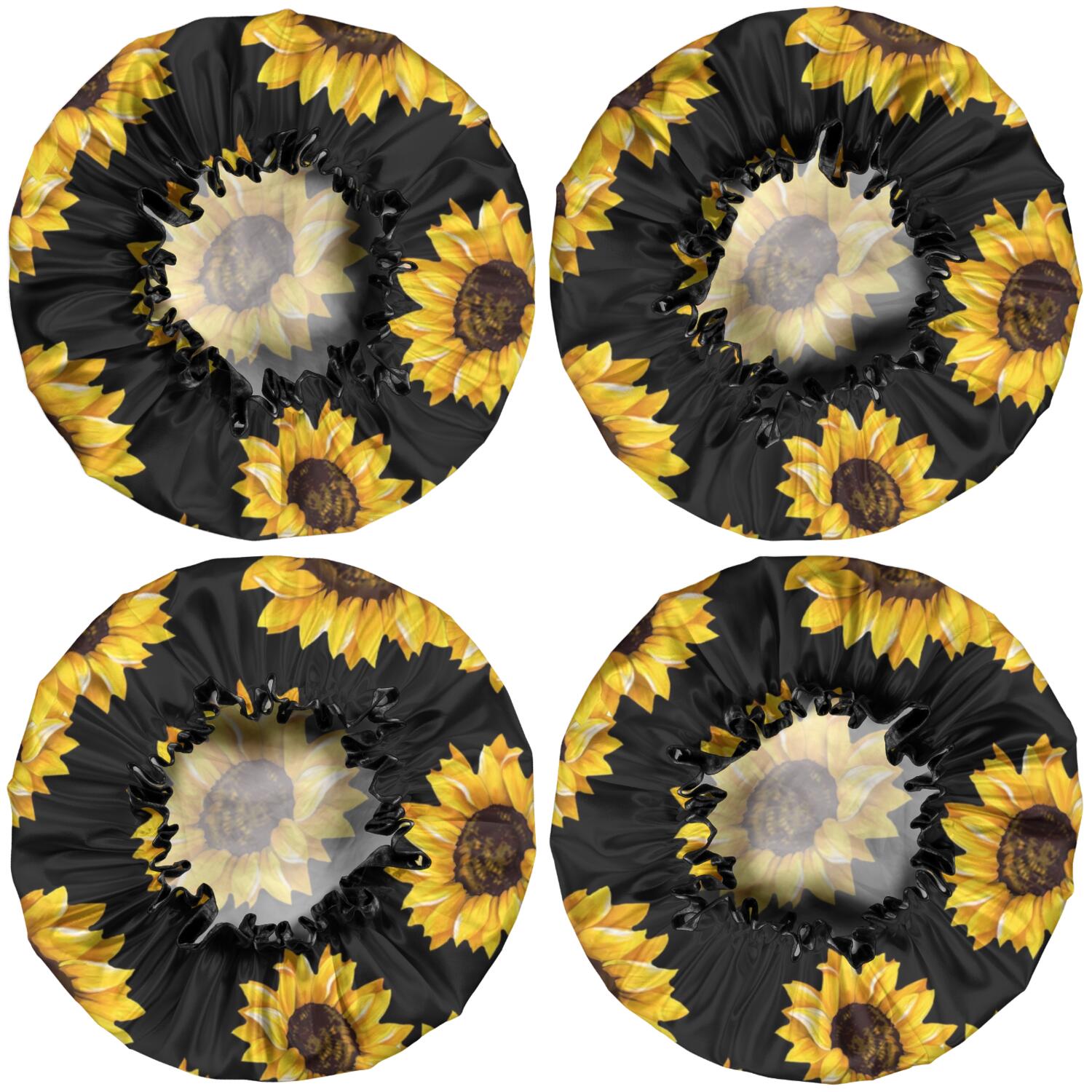 Shower Caps,Black Yellow Sunflower Pattern Waterproof Shower Cap for Women 4 Pieces,Double Reusable Hair Cover for Shower PEVA Elastic Stretch Hem