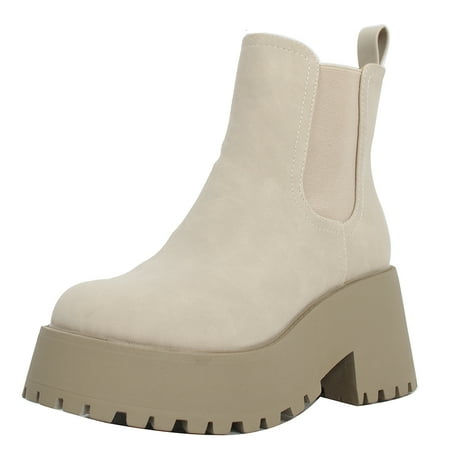

Soda Women s Chelsea Chunky Lug Sole Mid Heel Ankle Bootie Double Elastic Stone 7.5 M US