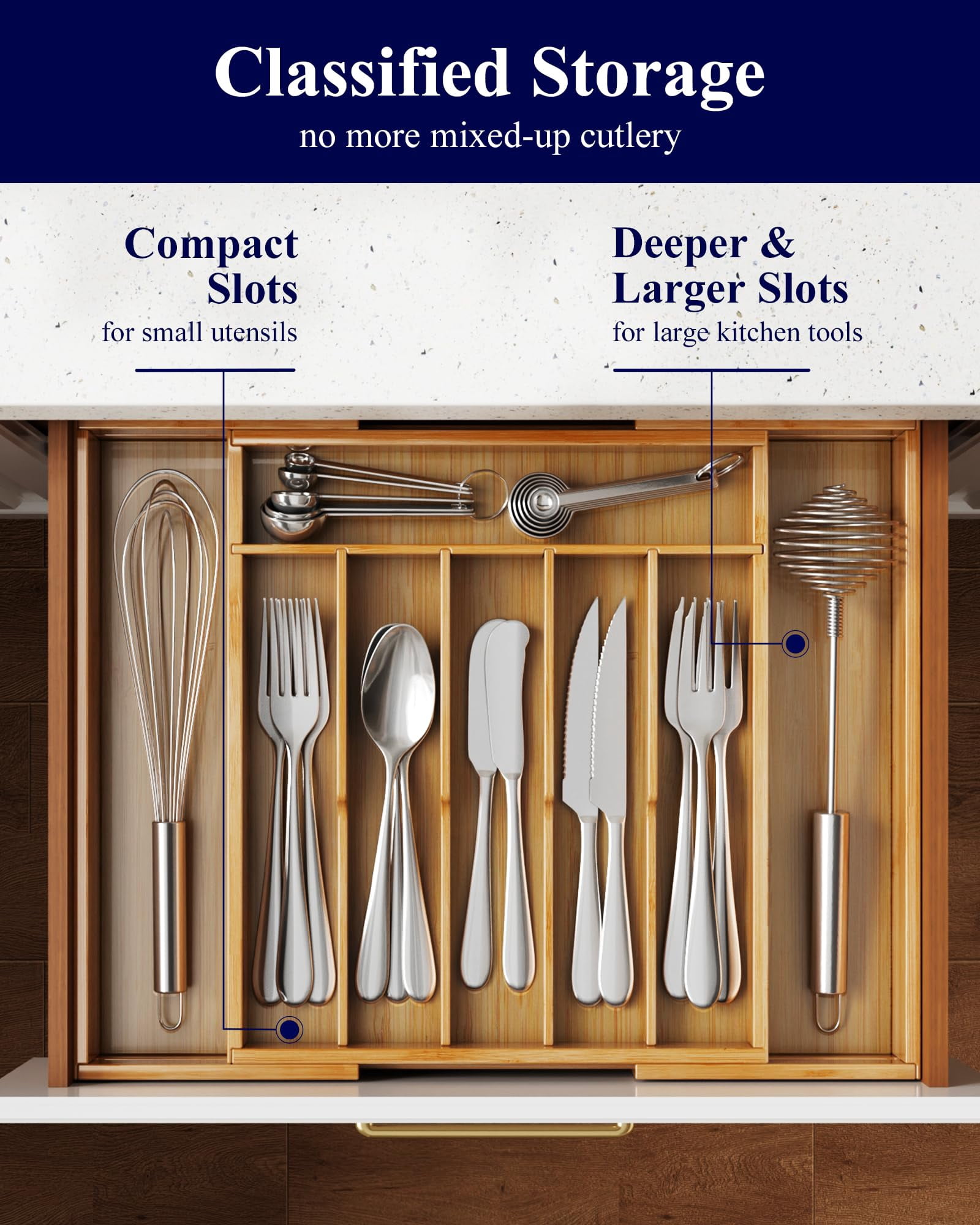 Kitsure Silverware Organizer - Expandable Bamboo Kitchen Drawer Organizer for Cooking Utensils and Cutlery, Sturdy & Thickened Kitchen Organizers and Storage Solution, Large, Natural