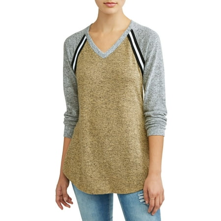 Juniors' Brushed Hacci Varsity Stripe Tie Front Raglan Sleeve T-Shirt